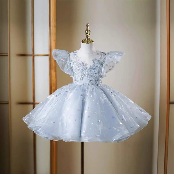 Elegant Baby Blue Sequin Party Princess Dresses Toddler Stage Dresses, Blue / 9-10 Years (150cm)