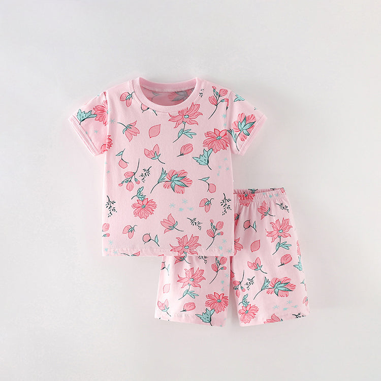 Girls Summer New Round Neck Short Sleeve Cute Two Piece Suit