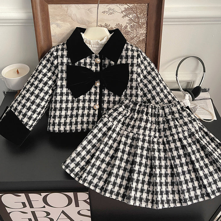 Cute Baby Girl New Year's Bow Plaid Two-piece Coat and Skirt
