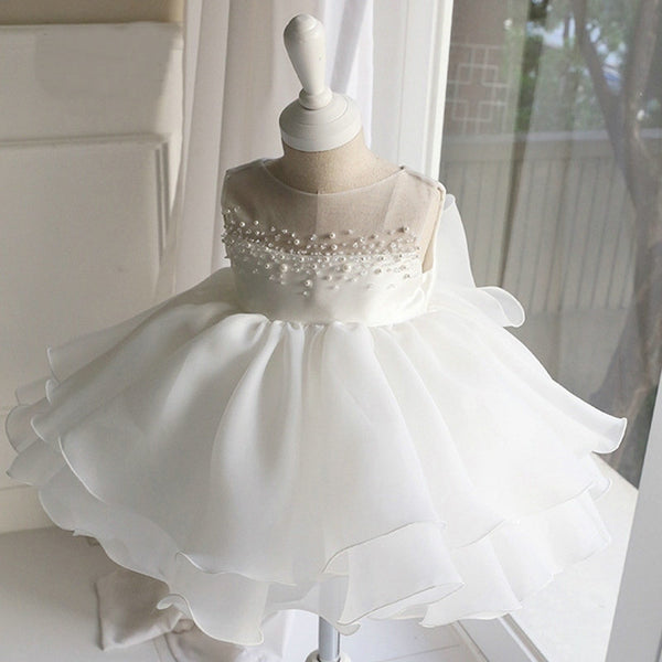 Sweet Baby Girls White Sleeveless Pearl Mesh Princess Dress
