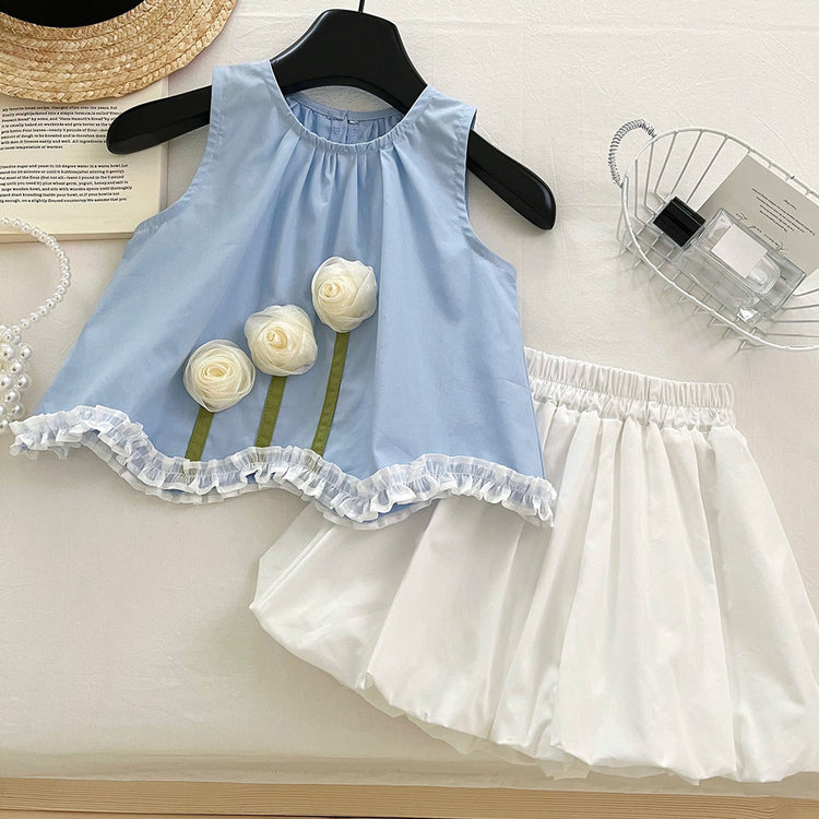 Girls Lace Sleeveless Floral Top Shorts Two-Piece Set