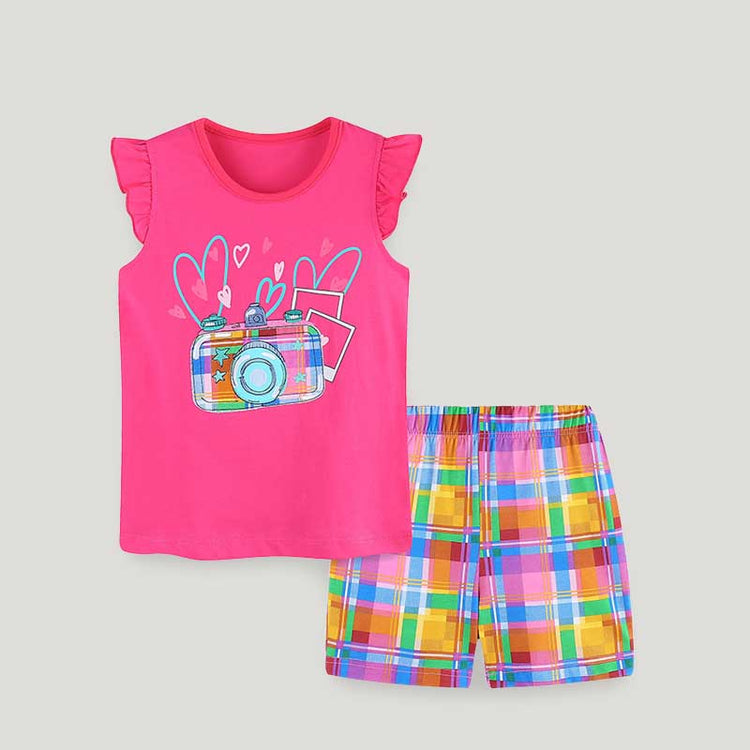 Summer Girls Casual Cartoon Embroidery Round Neck Two-piece Suit