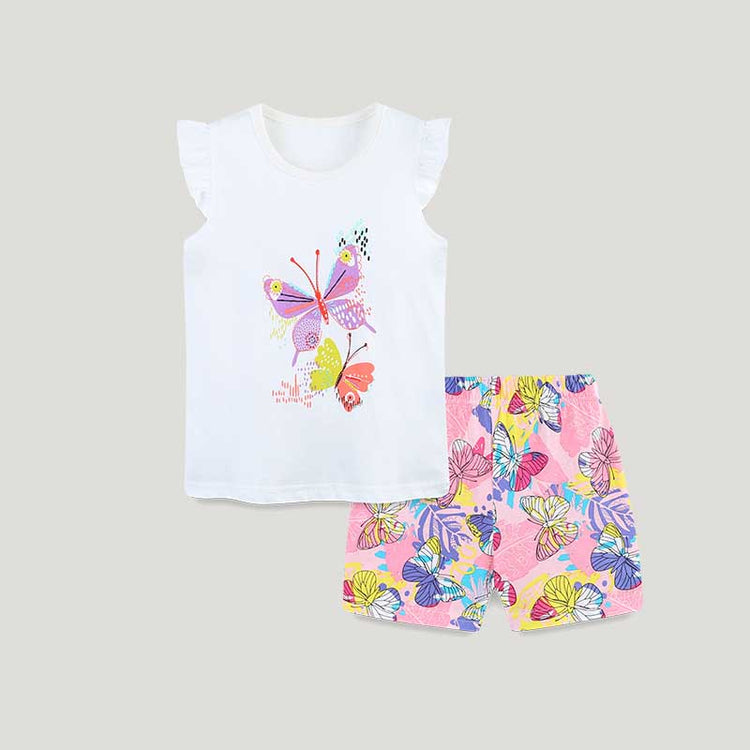 Girls Summer New Butterfly Print Children's Short-sleeved Shorts Two-piece Suit