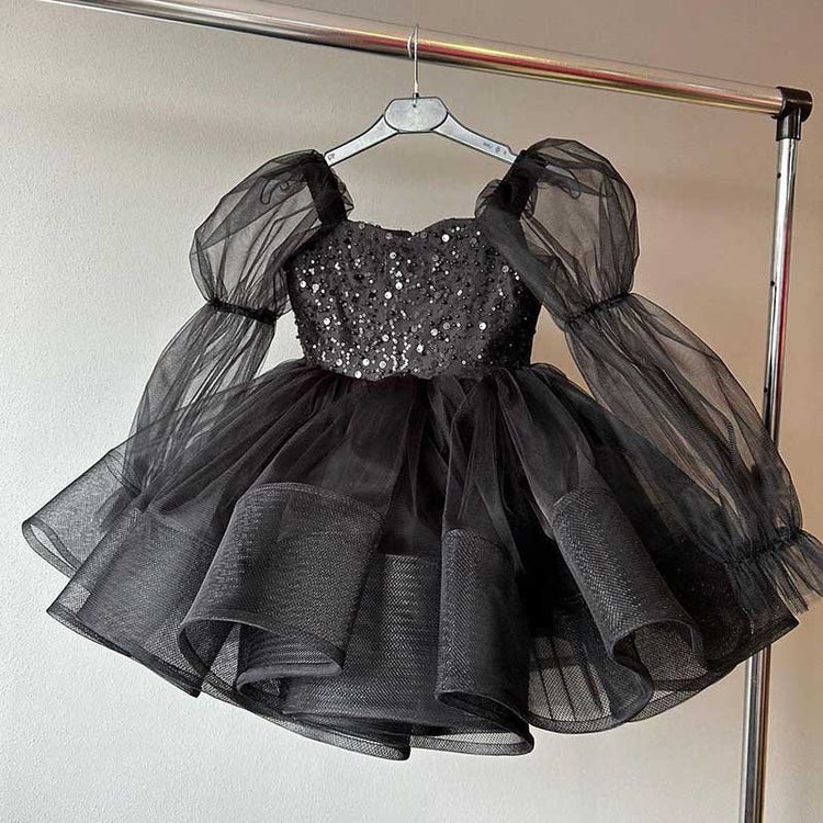 Cute Baby Girl Black Fluffy Dress Toddler First Communion Dress