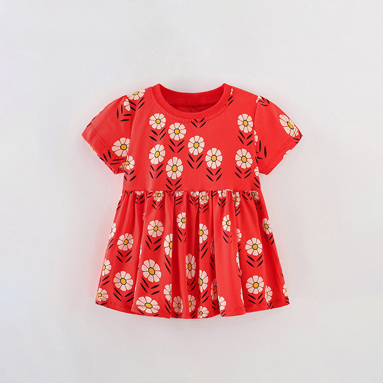 Red Girls Skirt T-shirt Summer New Girls Round Neck Short Sleeves