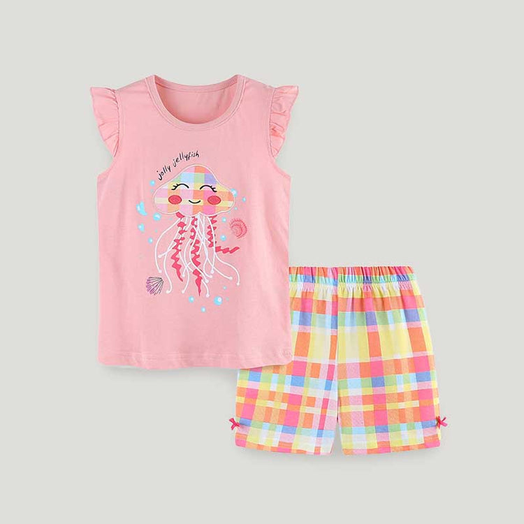Girls Short-sleeved Suit Embroidered T-shirt Shorts Two-piece Suit