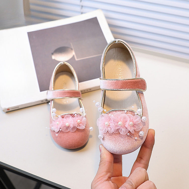 Girls Flower Pearl Princess Shoes Children's Velvet Leather Shoes