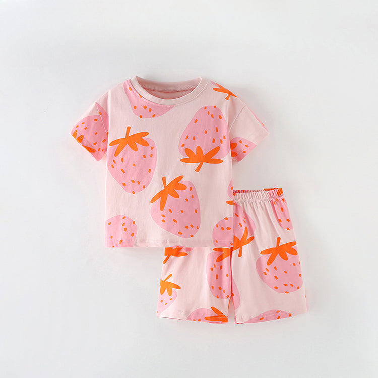Girls Summer New Round Neck Short Sleeve Shorts Two Piece Suit