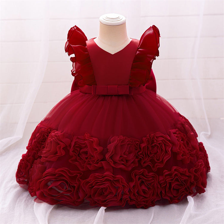 Birthday Dress with Floral Skirt and Small Flying Sleeves