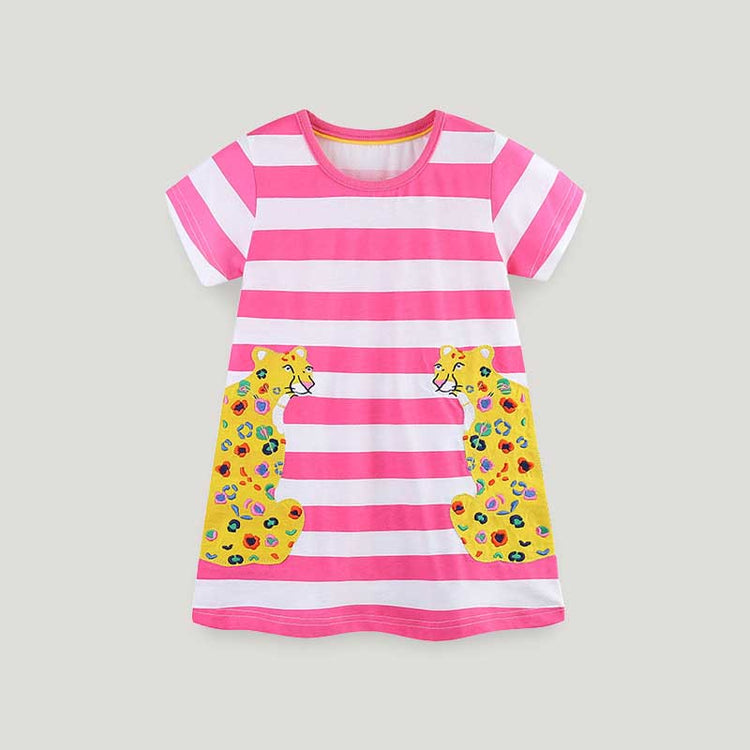 Girls Striped Round Neck Cartoon Embroidered Patch Princess Dress