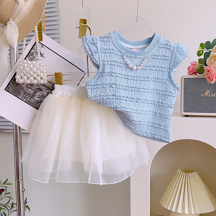 Cute Girl's Royal Blue Striped Sleeveless Top and White Tutu Skirt Two-piece Set