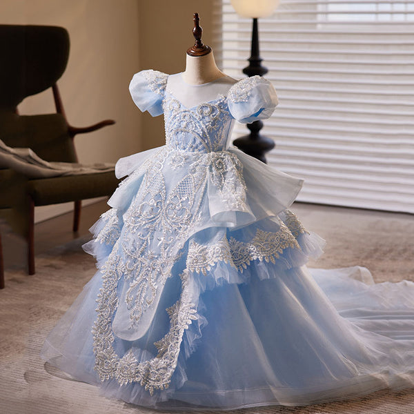 Girl Light Luxury Dress Pearl Mesh Back Strap Princess Dress – marryshe
