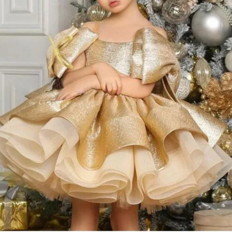 Girls Gold Satin Birthday Dress Baby Baptism Princess Dress