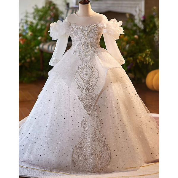white princess dress Girl for First Communion Pre-order Size 9-10 Step into a fairytale with our Ethereal White Princess Cotton Dress Off-the-shoulder White Princess Flower Wedding