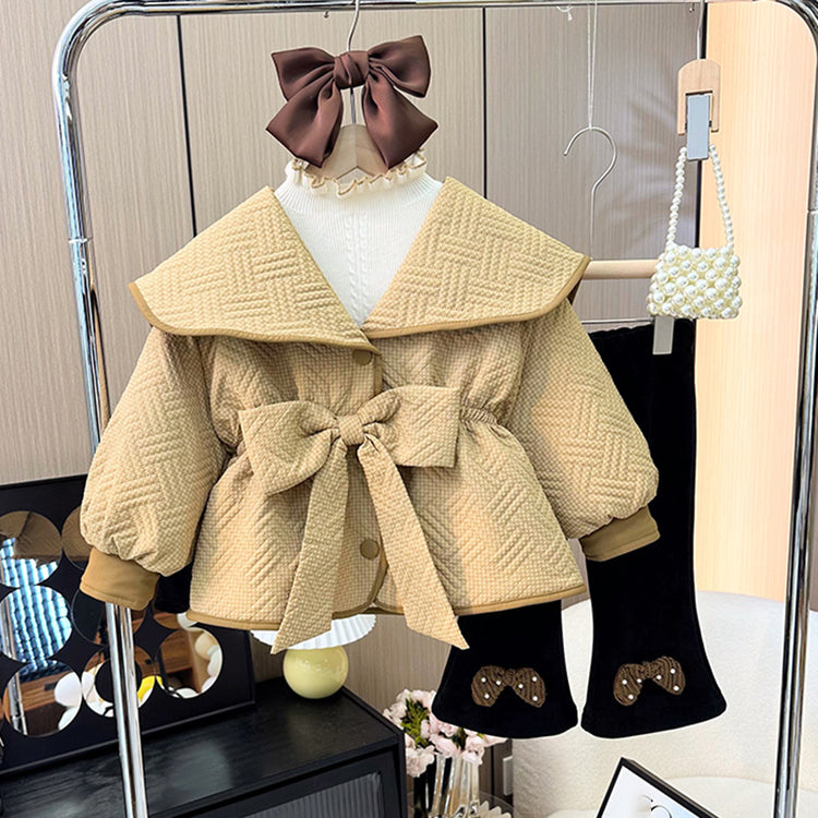 Cute Girl's Khaki Bow Warm Three-piece Set