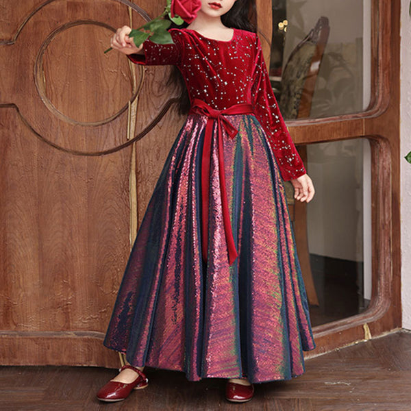 Sweet Baby Girls Burgundy Sequined Long Sleeve New Year's Dress Toddler Evening Princess Dress, Claret / 3-4 Years (110cm)