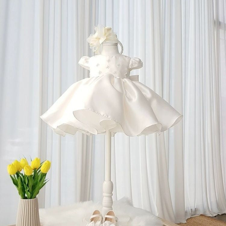 Elegant Baby Girl White Satin Puff Princess Dresses for Girls Flower Girl Dress
