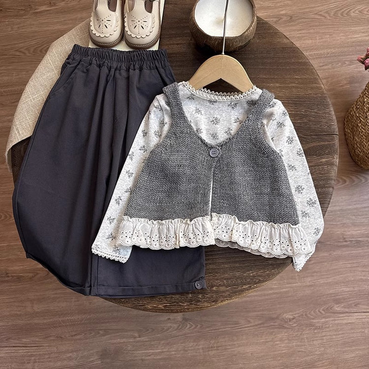 Girls' Autumn Knitted T-shirt Vest Pants Three-piece Set