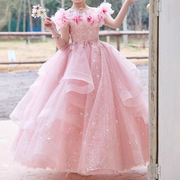 girls pink party dress Birthday Flower Girl Puff Dress Children's Dre – marryshe Style:EG01923BD word English promotional write Customize - Other Dresses Denim Jumper Dress(Kids) outfit