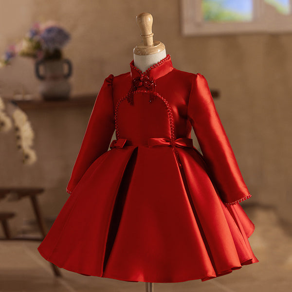 Children's Red Satin Dress Long Sleeve Birthday Dress marryshe — free download