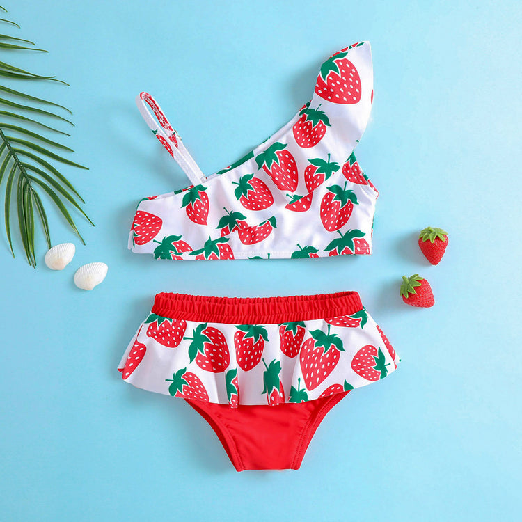 Baby Girls Summer Striped Strawberry Print Swimsuit