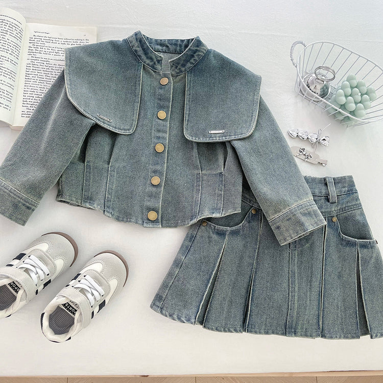 Girls' Autumn Denim Jacket Pleated Skirt Two-Piece Set