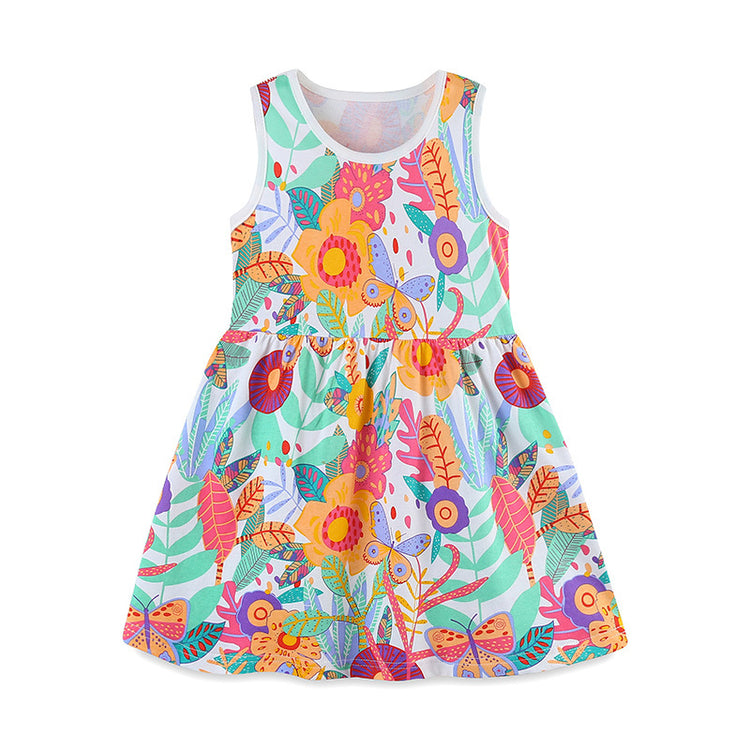 Summer Girls Round Neck Cartoon Print Princess Dress
