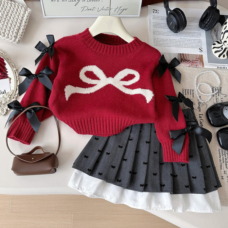 Girls Bowknot Long-sleeved Knitted Sweater Skirt Two-Piece Set