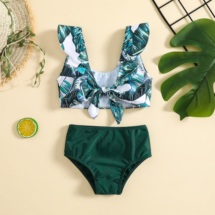 Girls Set Girls Green Leaf Printed Swimsuit