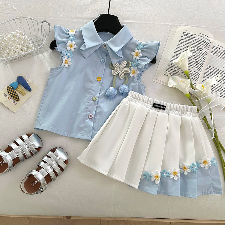 Girls Summer Lace Shirt Set Color Block Pleated Skirt Two-piece Set