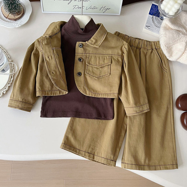 New Girls Autumn Khaki Jacket Bottoming Shirt Trousers Three-piece Set