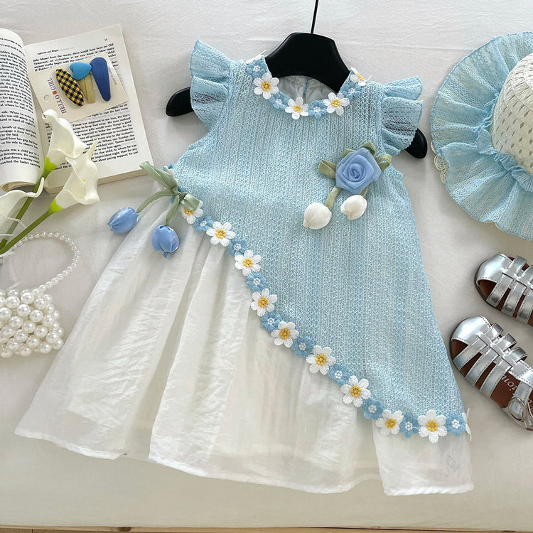 Girls Summer Flying Sleeve Lace Splicing Princess Dress
