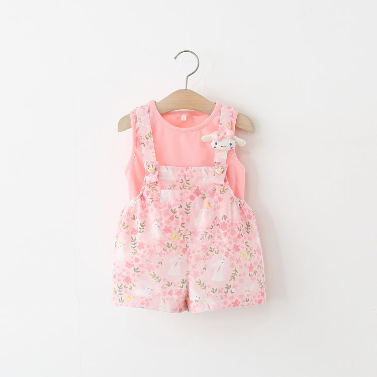 Summer Girls Knitted Sleeveless Top Pure Cotton Overalls Two-Piece Set