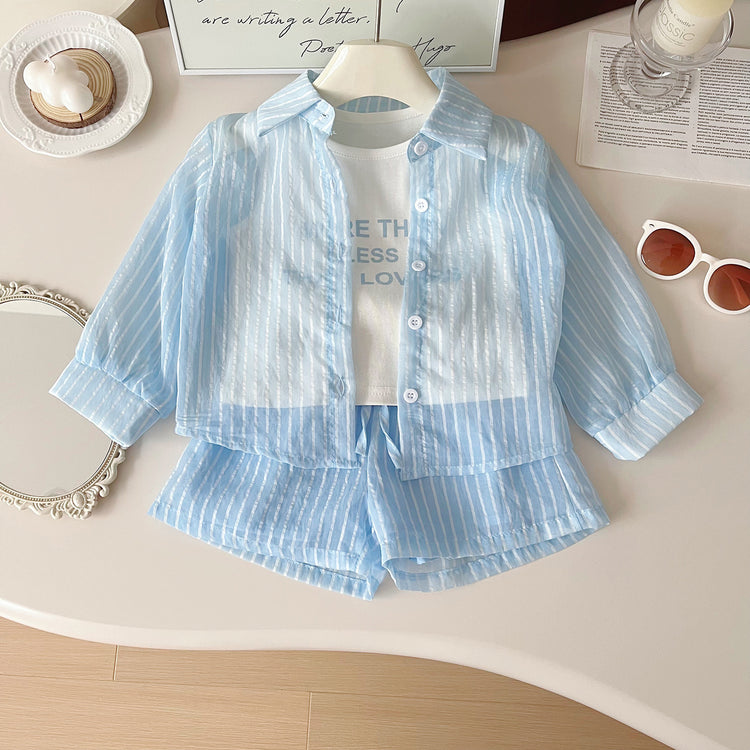 Girls Striped Sun Protection Shirt Vest Shorts Three-piece Set