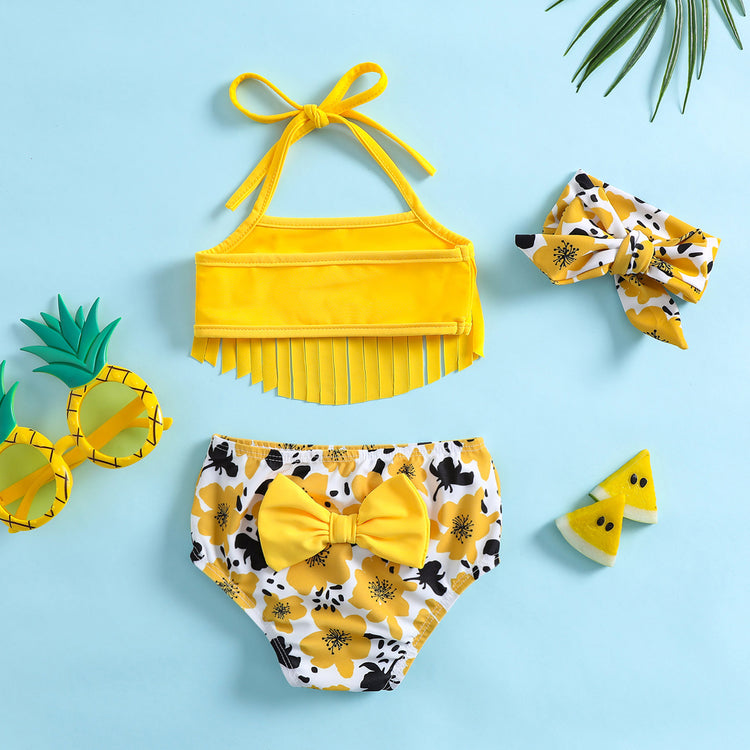 Girls Butterfly Flower Print Tassel Suspender Swimsuit