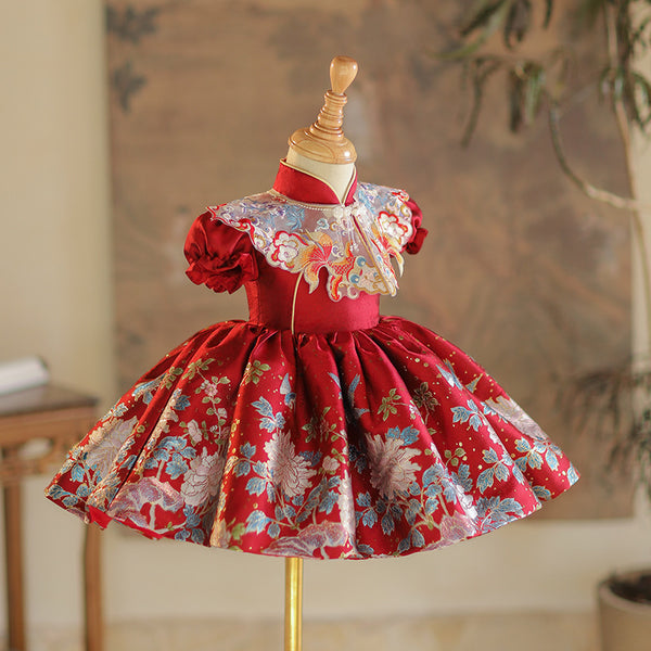 Girls Chinese Cheongsam Tutu Dress – Retro Peacock Embroidery, Size 3-10T Red - View #8