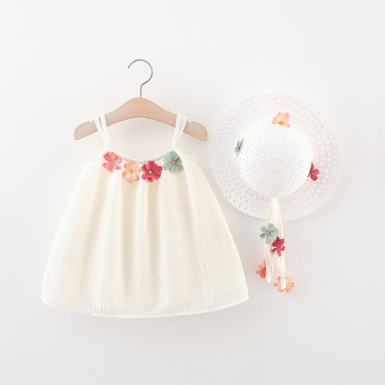 New Summer Girls Flower Solid Color Suspender Dress