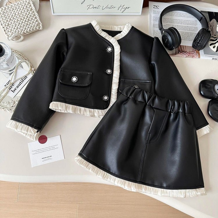 Girls Autumn Lace PU Leather Jacket Short Skirt Two-Piece Set
