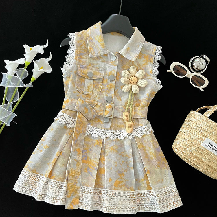 Girls Summer Sleeveless Denim Lapel Lace Princess Dress