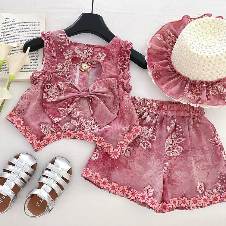 Girls Summer Hollow Bow Top Flower Shorts Two-Piece Set