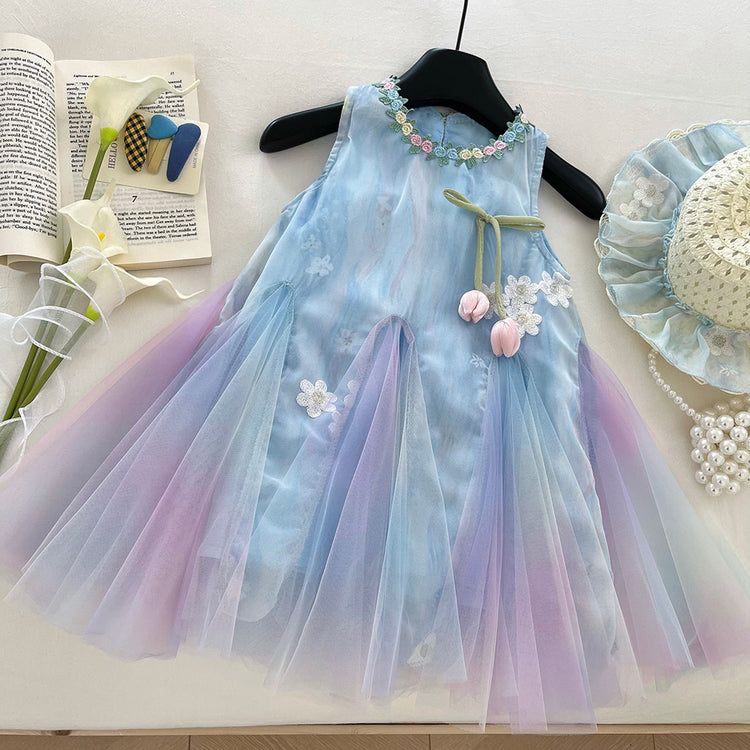 Girls Summer New Sleeveless Mesh Splicing Vest Princess Dress