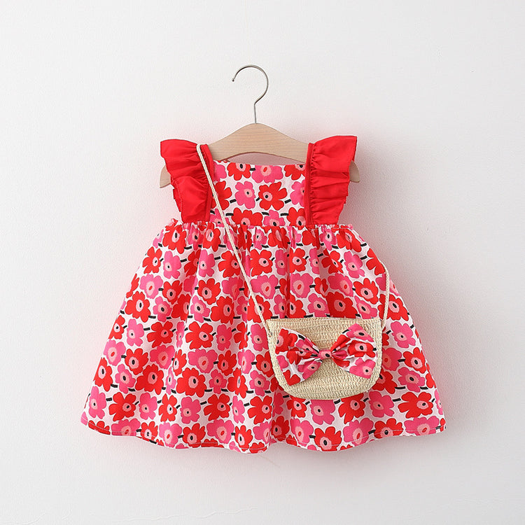 New Summer Girls' Floral Flying Sleeve Princess Dress