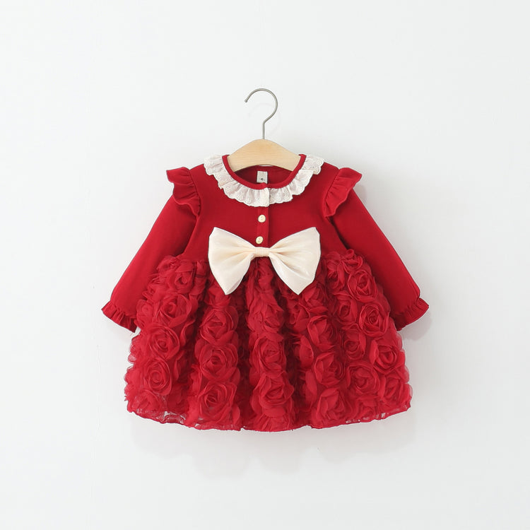 Girls Autumn Long Sleeve Bowknot 3D Rose Princess Dress