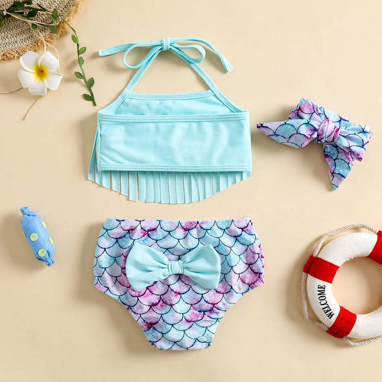 Girls Mermaid Swimsuit Tassels Girls Top Shorts Bow Tie Three-piece Set