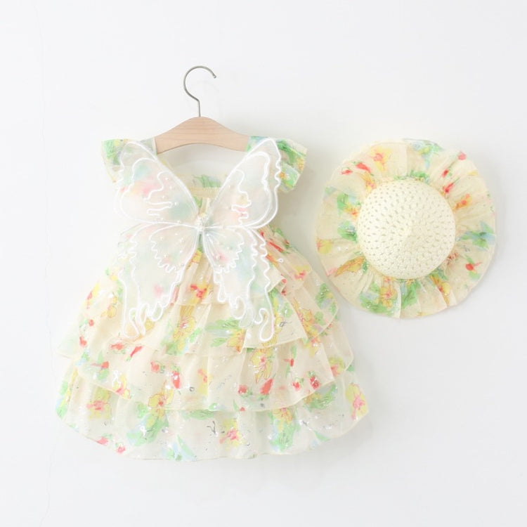 Summer Girls Floral Butterfly Wing Cake Princess Dress