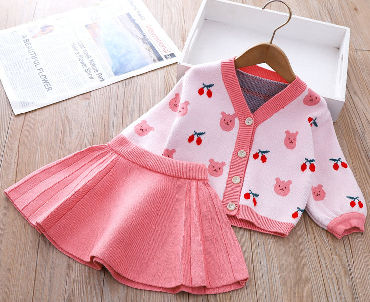 Cute Baby Girl Bear Sweater Dress Printed Two Piece Winter Dresses