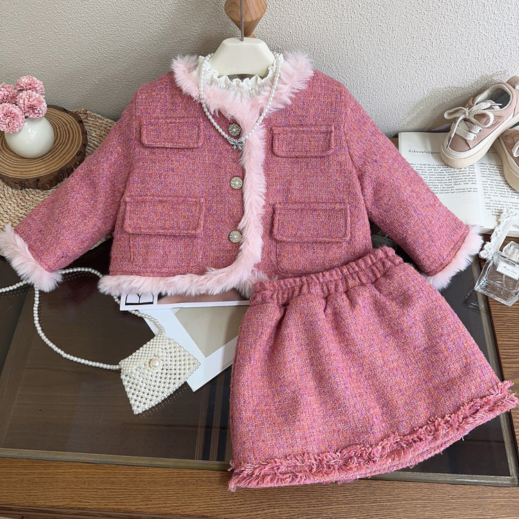Girls' New Winter Jacket and Skirt Two-piece Suit