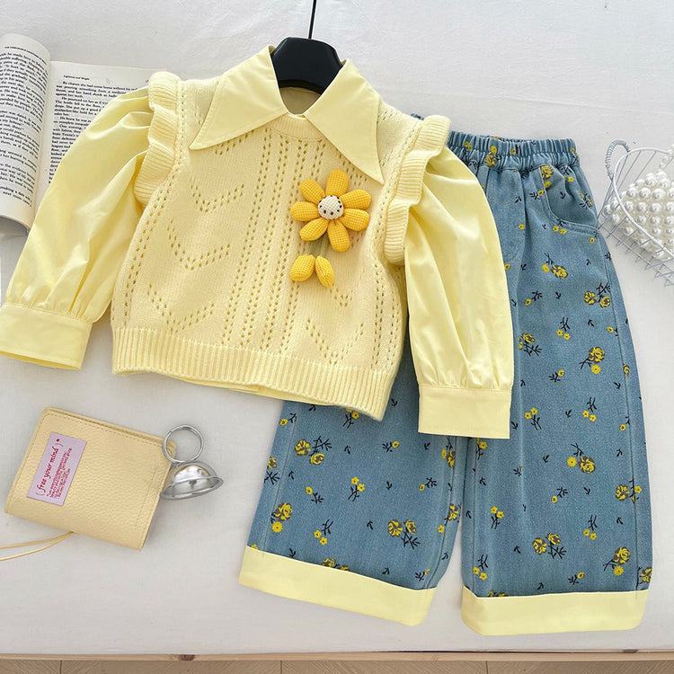 Girls' New Floral Sweater Shirt and Jeans Three-piece Suit