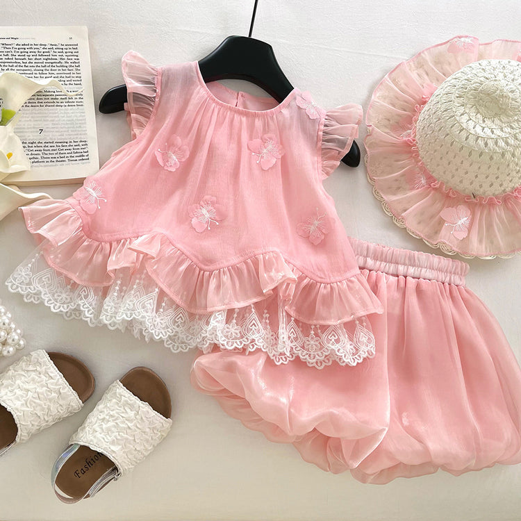 Girls Embroidered Fly Sleeve Top Flower Bud Shorts Two-piece Set