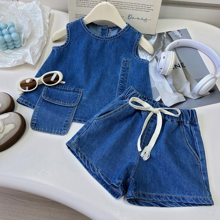 Girls Denim Suit Summer New Baby Girl Vest Shorts Two-piece Suit